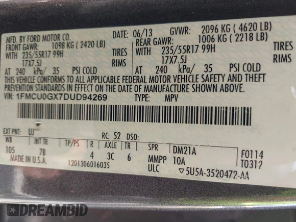 2013 Ford Escape SE with VIN 1FMCU0GX7DUD94269, listed as a IAAI auction lot 42621776 with 116,117 mi miles and . Bid and sale history available at DreamBid. Image 9.