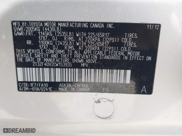 2012 Toyota RAV4 with VIN 2T3ZF4DV2CW153935, listed as a IAAI auction lot 41653384 with 142,341 mi miles. Bid and sale history available at carsss.com. Image 9.