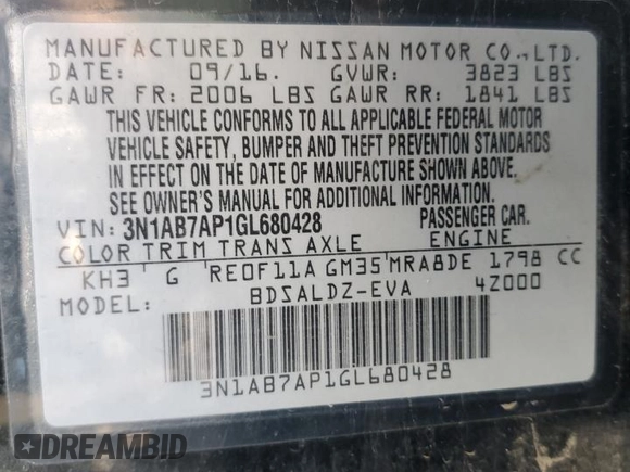 2016 Nissan Sentra SR with VIN 3N1AB7AP1GL680428, listed as a Copart auction lot 44457985 with 129,916 mi miles and Salvage Title. Bid and sale history available at DreamBid. Image 13.