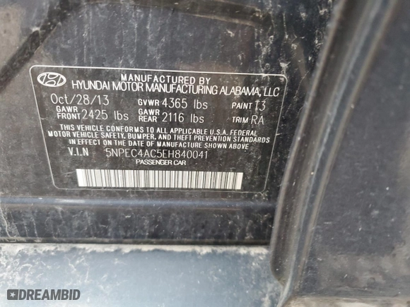 2014 Hyundai Sonata SE with VIN 5NPEC4AC5EH840041, listed as a Copart auction lot 48879035 with 0 mi miles and Non Repairable. Bid and sale history available at carsss.com. Image 12.