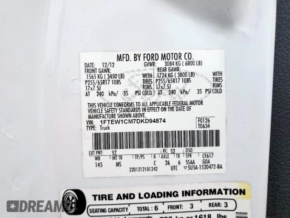 2013 Ford F-150 XL with VIN 1FTEW1CM7DKD94874, listed as a Copart auction lot 63659855 with 227,648 mi miles and Salvage title. Bid and sale history available at DreamBid. Image 12.