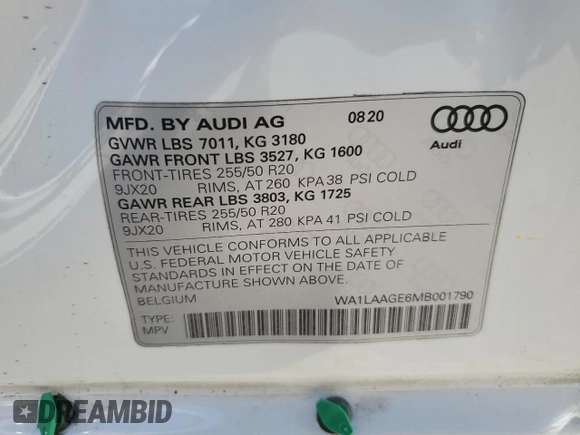 2021 Audi e-tron Premium Plus with VIN WA1LAAGE6MB001790, listed as a Copart auction lot 80484104 with 38,455 mi miles and Salvage title. Bid and sale history available at DreamBid. Image 15.