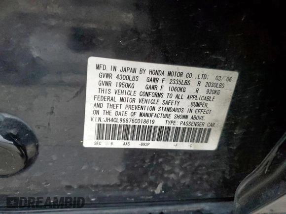 2006 Acura TSX with VIN JH4CL96876C018619, listed as a Copart auction lot 51849525 with 176,034 mi miles and Salvage Title. Bid and sale history available at carsss.com. Image 13.
