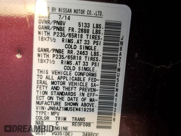 2014 Nissan Murano LE z VIN JN8AZ1MU5EW419256, wystawiony jako Copart lot #87740975 z przebiegiem 71 515 mil mil oraz Szkoda całkowita • Salvage title. Historia ofert i sprzedaży dostępna na DreamBid. Obrazek 13.