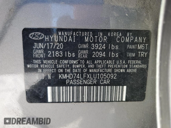2020 Hyundai Elantra SE with VIN KMHD74LFXLU105092, listed as a Copart auction lot 45879815 with 59,791 mi miles and Salvage Title. Bid and sale history available at carsss.com. Image 14.