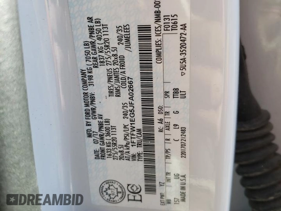 2018 Ford F-150 XL with VIN 1FTFW1EG5JFA02667, listed as a Copart auction lot 45226685 with 349,980 mi miles and Salvage Title. Bid and sale history available at DreamBid. Image 14.
