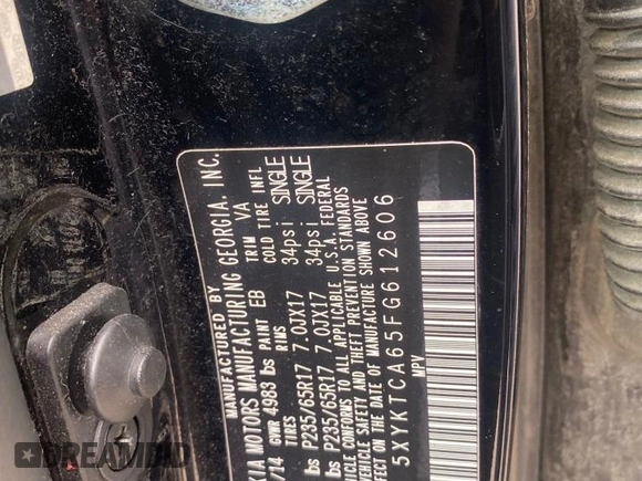 2015 Kia Sorento LX with VIN 5XYKTCA65FG612606, listed as a Copart auction lot 65296225 with Not provided miles and Clean title. Bid and sale history available at DreamBid. Image 10.