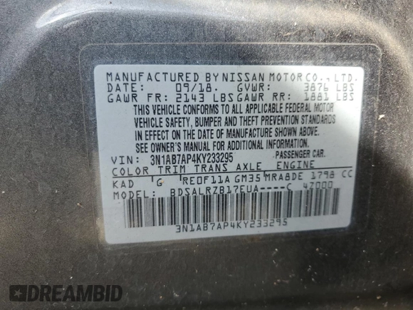 2019 Nissan Sentra SR с VIN 3N1AB7AP4KY233295, выставлен на аукционе Copart как лот 58791835 с пробегом 98 726 миль миль и На запчасти • Non repairable. История ставок и продаж доступна на DreamBid. Изображение 12.