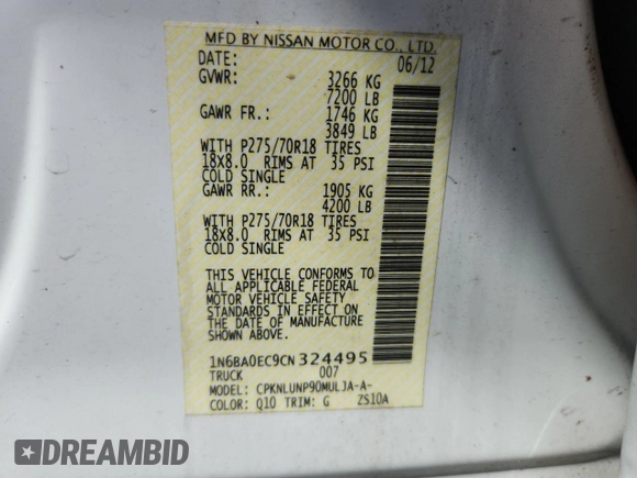2012 Nissan Titan SL with VIN 1N6BA0EC9CN324495, listed as a Copart auction lot 60982445 with 142,430 mi miles and Salvage title. Bid and sale history available at DreamBid. Image 12.