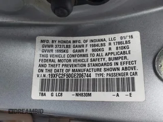 2016 Honda Civic Sedan LX with VIN 19XFC2F50GE206744, listed as a IAAI auction lot 42007430 with 49,391 mi miles. Bid and sale history available at carsss.com. Image 9.