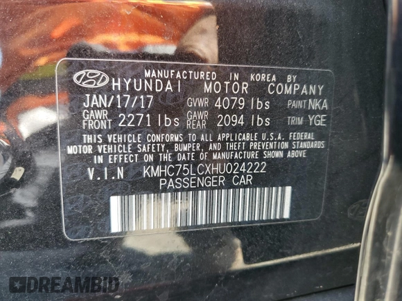 2017 Hyundai Ioniq SEL with VIN KMHC75LCXHU024222, listed as a Copart auction lot 61100395 with 100,016 mi miles and Salvage title. Bid and sale history available at DreamBid. Image 12.