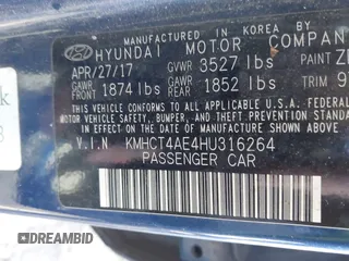 2017 Hyundai Accent SE with VIN KMHCT4AE4HU316264, listed as a IAAI auction lot 41437326 with 165,865 mi miles and . Bid and sale history available at carsss.com. Image 9.
