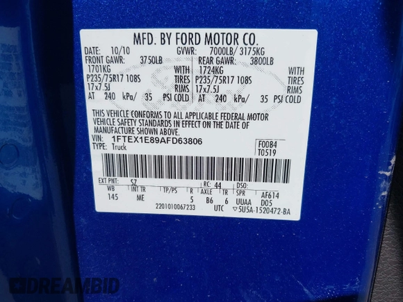 2010 Ford F-150 XL with VIN 1FTEX1E89AFD63806, listed as a IAAI auction lot 41851705 with 179,794 mi miles and . Bid and sale history available at DreamBid. Image 9.