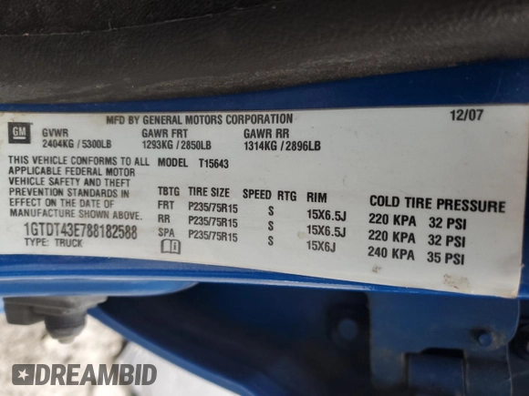 2008 GMC Canyon SLE2 with VIN 1GTDT43E788182588, listed as a Copart auction lot 81115463 with 0 mi miles and Non Repairable. Bid and sale history available at carsss.com. Image 12.