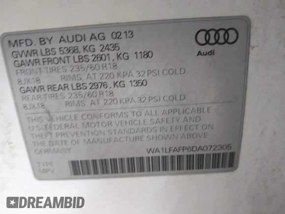 2013 Audi Q5 Premium Plus z VIN WA1LFAFP6DA072305, wystawiony jako IAAI lot #42574865 z przebiegiem 154 531 mil mil oraz . Historia ofert i sprzedaży dostępna na DreamBid. Obrazek 9.