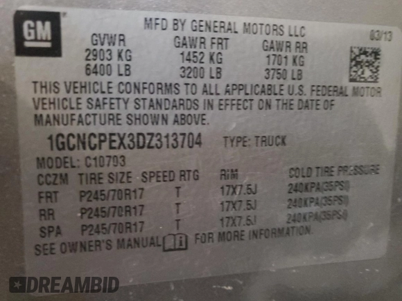 2013 Chevrolet Silverado 1500 Work Truck with VIN 1GCNCPEX3DZ313704, listed as a Copart auction lot 45682455 with 127,081 mi miles and Salvage Title. Bid and sale history available at DreamBid. Image 13.