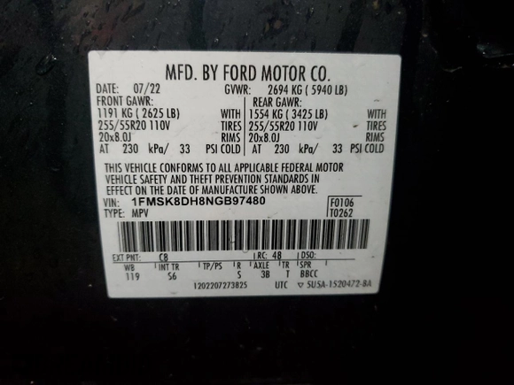 2022 Ford Explorer XLT with VIN 1FMSK8DH8NGB97480, listed as a Copart auction lot 50599045 with 48,396 mi miles and Salvage Title. Bid and sale history available at DreamBid. Image 14.