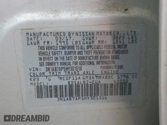 2017 Nissan Sentra S with VIN 3N1AB7AP5HY301516, listed as a Copart auction lot 57950815 with 127,697 mi miles and Salvage title. Bid and sale history available at DreamBid. Image 12.