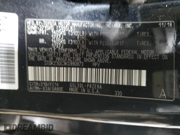 2019 Toyota Sienna LE Auto Access Seat with VIN 5TDKZ3DC3KS990873, listed as a Copart auction lot 51124495 with 87,532 mi miles and Salvage Title. Bid and sale history available at DreamBid. Image 12.