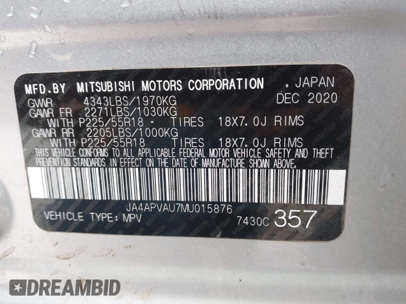 2021 Mitsubishi Outlander SE z VIN JA4APVAU7MU015876, wystawiony jako IAAI lot #42033891 z przebiegiem 86 846 mil mil oraz . Historia ofert i sprzedaży dostępna na DreamBid. Obrazek 9.