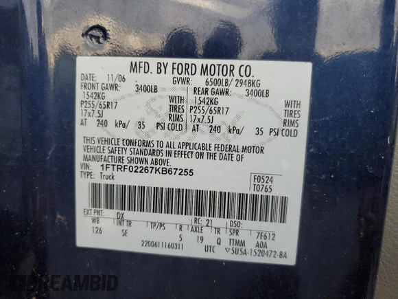 2007 Ford F-150 STX with VIN 1FTRF02267KB67255, listed as a Copart auction lot 78795584 with 166,024 mi miles and Salvage Title. Bid and sale history available at carsss.com. Image 12.
