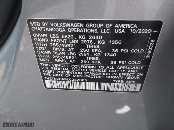 2020 Volkswagen Atlas Cross Sport 3.6L V6 SEL Premium R-Line with VIN 1V2TE2CA8LC232863, listed as a IAAI auction lot 41511014 with 40,899 mi miles. Bid and sale history available at carsss.com. Image 9.
