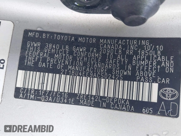2010 Toyota Corolla with VIN 2T1BU4EE9AC502425, listed as a IAAI auction lot 42085262 with 120,148 mi miles and . Bid and sale history available at DreamBid. Image 9.