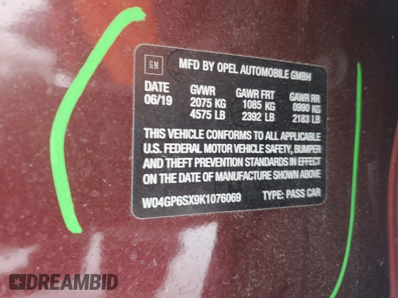 2019 Buick Regal Essence z VIN W04GP6SX9K1076069, wystawiony jako Copart lot #88209205 z przebiegiem 57 555 mil mil oraz Szkoda całkowita • Salvage title. Historia ofert i sprzedaży dostępna na DreamBid. Obrazek 12.