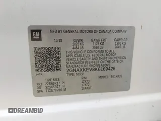 2019 Chevrolet Equinox LT with VIN 2GNAXKEV8K6169426, listed as a IAAI auction lot 41976055 with Not Provided miles and . Bid and sale history available at DreamBid. Image 9.