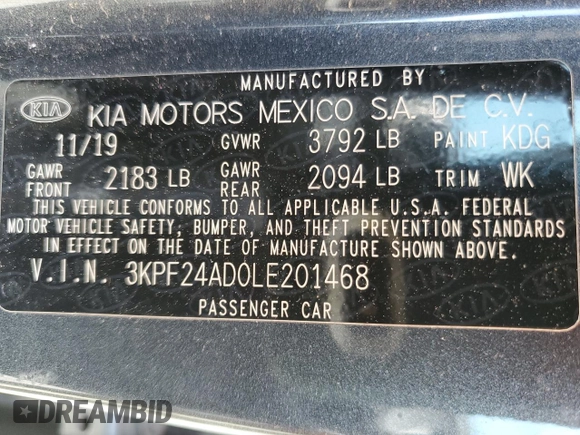 2020 Kia Forte LXS with VIN 3KPF24AD0LE201468, listed as a Copart auction lot 49839235 with 105,163 mi miles and Salvage Title. Bid and sale history available at carsss.com. Image 12.