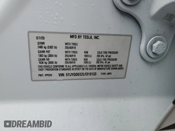 2020 Tesla Model Y Long Range with VIN 5YJYGDEE2LF019133, listed as a Copart auction lot 51773455 with 26,122 mi miles and Salvage Title. Bid and sale history available at DreamBid. Image 15.