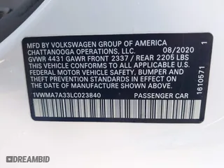 2020 Volkswagen Passat 2.0T R-Line with VIN 1VWMA7A33LC023840, listed as a IAAI auction lot 41672913 with 53,601 mi miles. Bid and sale history available at carsss.com. Image 9.