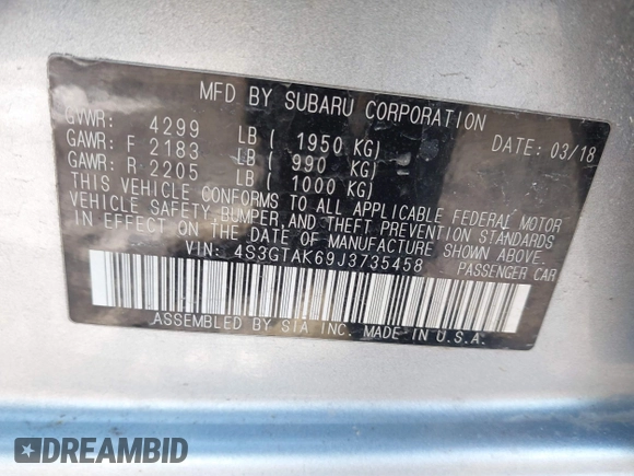 2018 Subaru Impreza Special Sports with VIN 4S3GTAK69J3735458, listed as a IAAI auction lot 41599640 with 40,719 mi miles and . Bid and sale history available at DreamBid. Image 9.