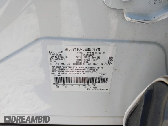2024 Ford Edge SE with VIN 2FMPK4G92RBA47784, listed as a IAAI auction lot 41783158 with 66,090 mi miles and . Bid and sale history available at DreamBid. Image 9.