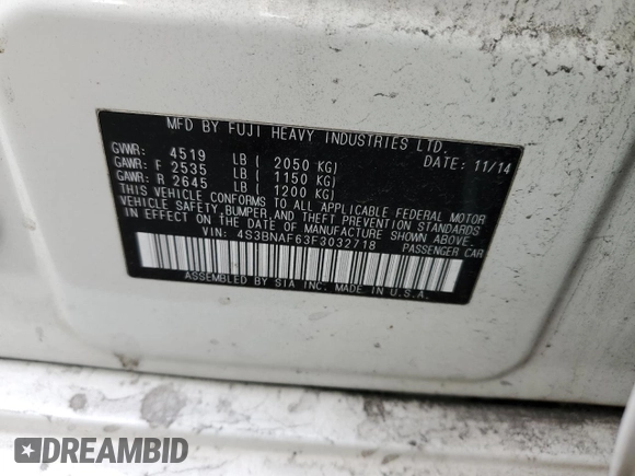 2015 Subaru Legacy 2.5i Premium with VIN 4S3BNAF63F3032718, listed as a Copart auction lot 40109163 with 102,542 mi miles. Bid and sale history available at carsss.com. Image 12.
