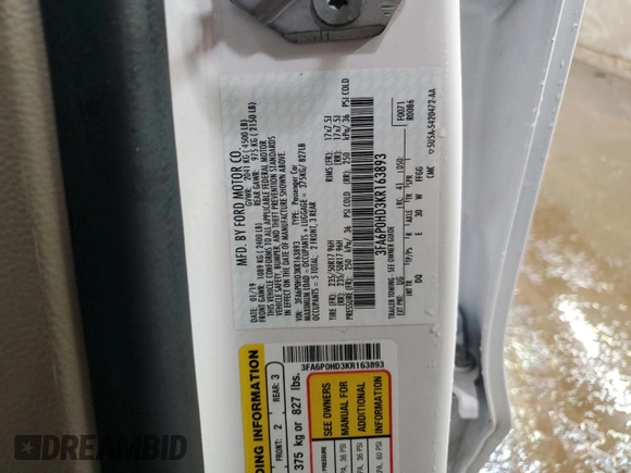 2019 Ford Fusion SE with VIN 3FA6P0HD3KR163893, listed as a Copart auction lot 47604905 with 67,994 mi miles and Salvage Title. Bid and sale history available at DreamBid. Image 12.