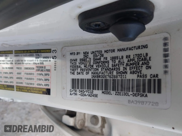 2006 Toyota Corolla CE with VIN 1NXBR32E76Z687211, listed as a IAAI auction lot 42828355 with 141,328 mi miles and . Bid and sale history available at DreamBid. Image 9.