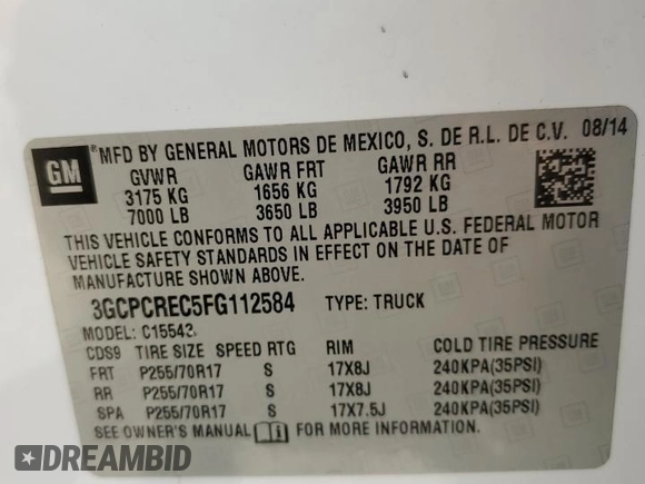 2015 Chevrolet Silverado 1500 LT with VIN 3GCPCREC5FG112584, listed as a Copart auction lot 51847895 with 252,585 mi miles and Salvage Title. Bid and sale history available at DreamBid. Image 14.