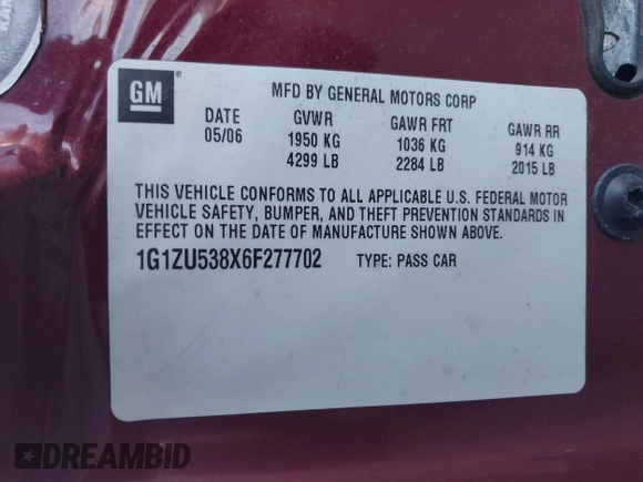 2006 Chevrolet Malibu LTZ with VIN 1G1ZU538X6F277702, listed as a IAAI auction lot 41576787 with 160,557 mi miles and . Bid and sale history available at DreamBid. Image 9.