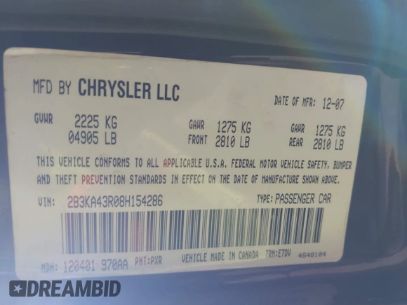 2008 Dodge Charger with VIN 2B3KA43R08H154286, listed as a IAAI auction lot 42572891 with 193,830 mi miles and . Bid and sale history available at DreamBid. Image 9.