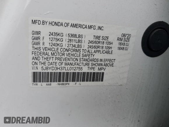 2020 Acura MDX with VIN 5J8YD3H37LL012755, listed as a Copart auction lot 56827235 with 42,162 mi miles and Salvage title. Bid and sale history available at DreamBid. Image 13.