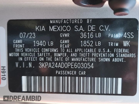 2023 Kia Rio S with VIN 3KPA24AD0PE603054, listed as a Copart auction lot 42997495 with 26,573 mi miles and Salvage Title. Bid and sale history available at carsss.com. Image 12.