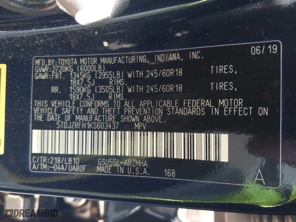 2019 Toyota Highlander SE with VIN 5TDJZRFH1KS603437, listed as a IAAI auction lot 41748341 with 67,814 mi miles. Bid and sale history available at carsss.com. Image 9.