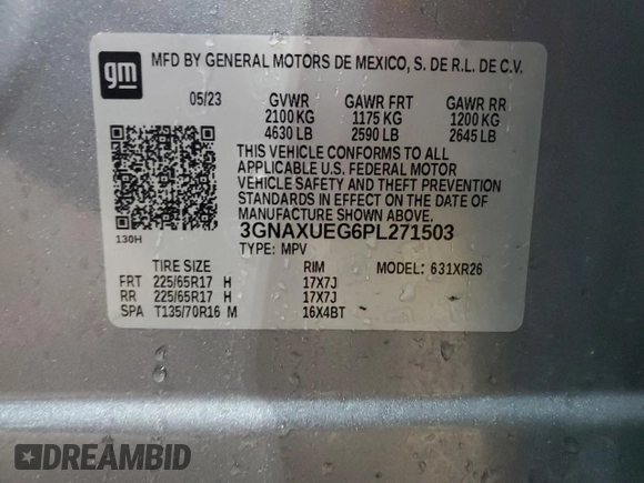 2023 Chevrolet Equinox LT with VIN 3GNAXUEG6PL271503, listed as a Copart auction lot 46816155 with 51,047 mi miles and Non Repairable. Bid and sale history available at DreamBid. Image 14.