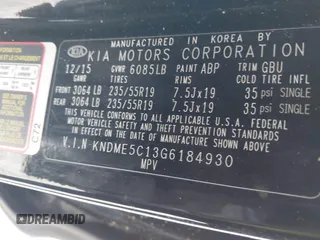2016 Kia Sedona SX-L with VIN KNDME5C13G6184930, listed as a IAAI auction lot 41385207 with 136,447 mi miles and . Bid and sale history available at carsss.com. Image 9.