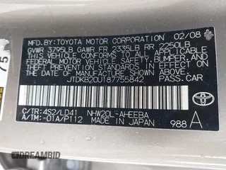2008 Toyota Prius z VIN JTDKB20U187755842, wystawiony jako IAAI lot #42510885 z przebiegiem 261 217 mil mil oraz . Historia ofert i sprzedaży dostępna na DreamBid. Obrazek 9.