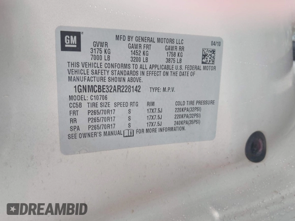 2010 Chevrolet Tahoe LT z VIN 1GNMCBE32AR228142, wystawiony jako IAAI lot #42119831 z przebiegiem 220 026 mil mil oraz . Historia ofert i sprzedaży dostępna na DreamBid. Obrazek 9.