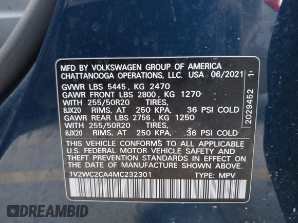2021 Volkswagen Atlas SE z VIN 1V2WC2CA4MC232301, wystawiony jako IAAI lot #42538962 z przebiegiem Nie podano mil oraz . Historia ofert i sprzedaży dostępna na DreamBid. Obrazek 9.