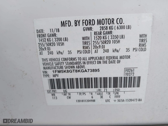 2019 Ford Explorer Sport with VIN 1FM5K8GT8KGA73895, listed as a IAAI auction lot 41546113 with 110,855 mi miles. Bid and sale history available at carsss.com. Image 9.