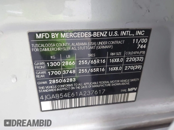 2001 Mercedes-Benz M 320/430/500 with VIN 4JGAB54E61A237617, listed as a IAAI auction lot 41788348 with 178,752 mi miles and . Bid and sale history available at DreamBid. Image 9.